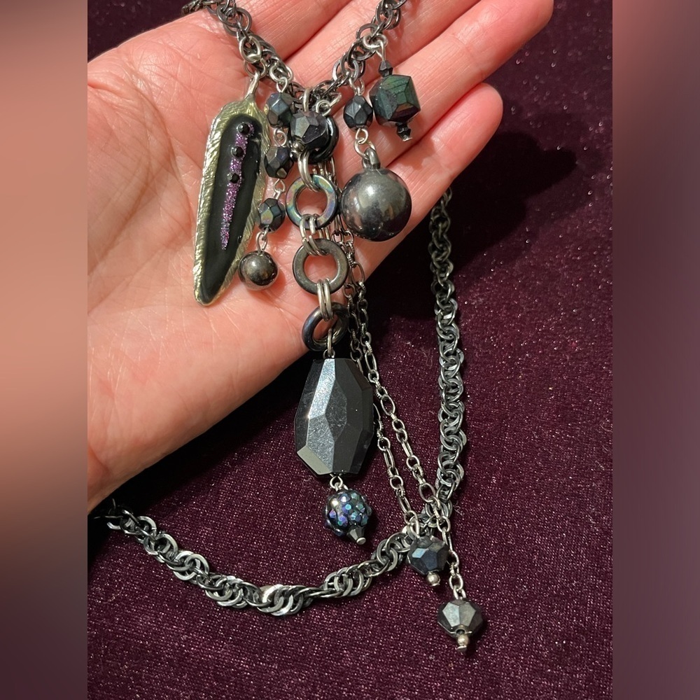 Long Statement Necklace with Dangle Fringe Detail Black Purple Feather